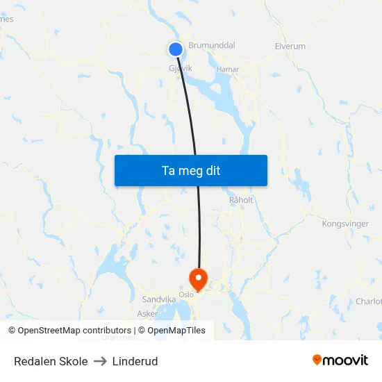 Redalen Skole to Linderud map