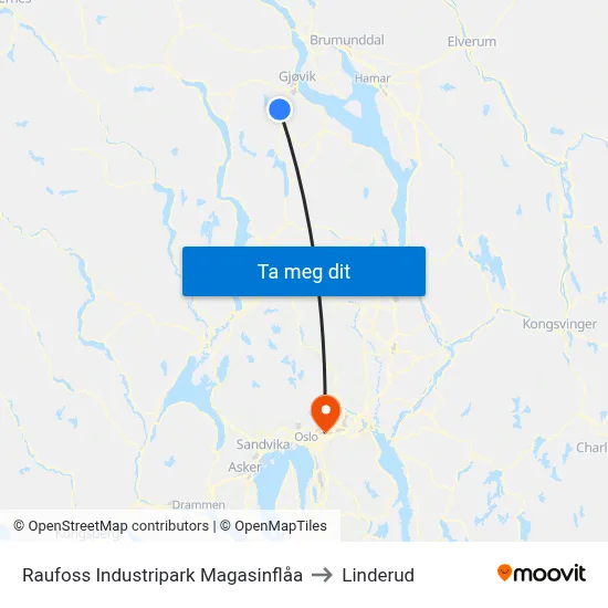 Raufoss Industripark Magasinflåa to Linderud map