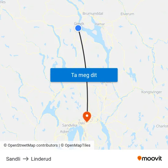 Sandli to Linderud map