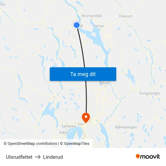 Ulsrudfeltet to Linderud map