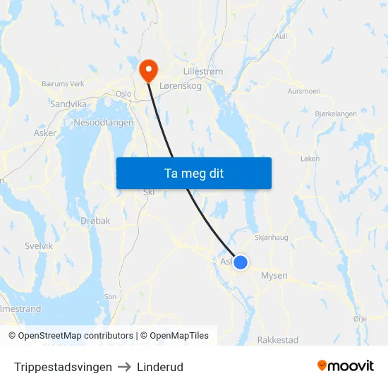 Trippestadsvingen to Linderud map