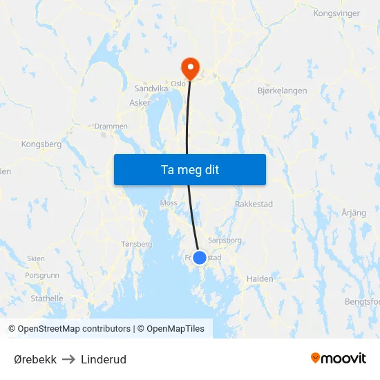 Ørebekk to Linderud map