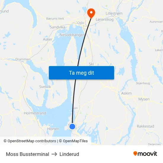 Moss Bussterminal to Linderud map