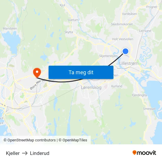 Kjeller to Linderud map