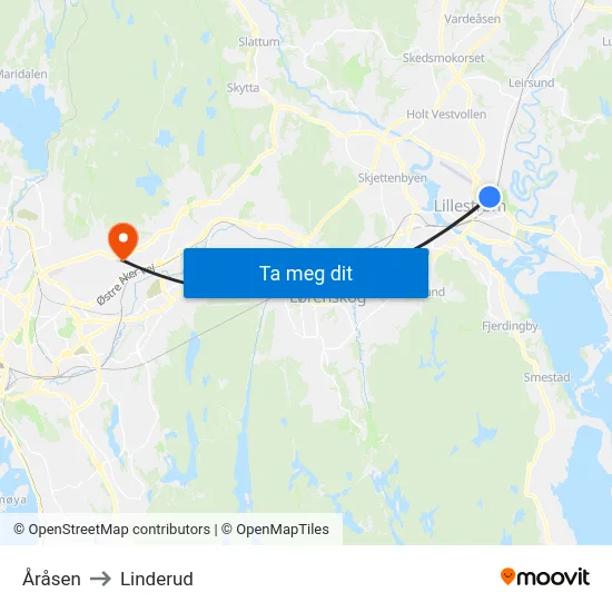 Åråsen to Linderud map