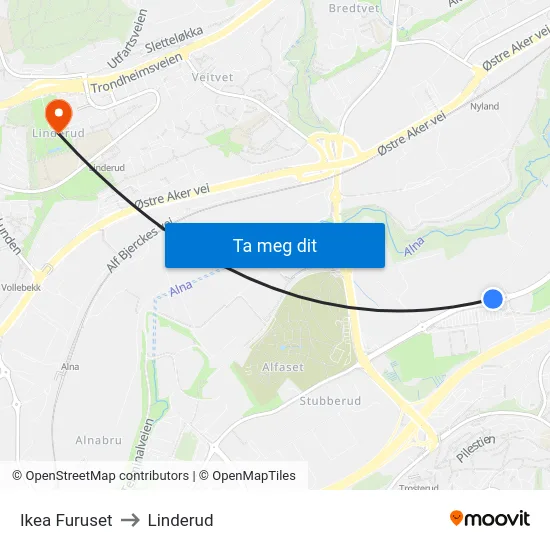 Ikea Furuset to Linderud map