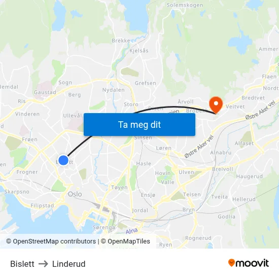 Bislett to Linderud map