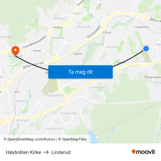 Høybråten Kirke to Linderud map