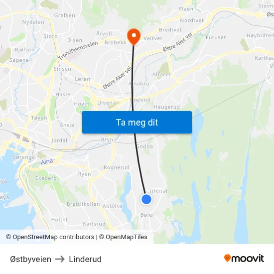 Østbyveien to Linderud map