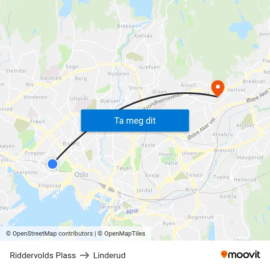 Riddervolds Plass to Linderud map
