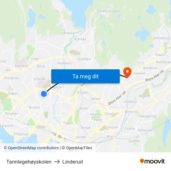 Tannlegehøyskolen to Linderud map