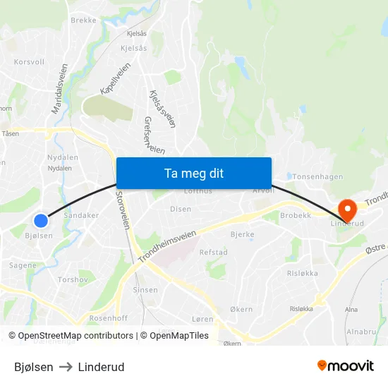 Bjølsen to Linderud map
