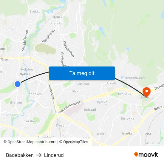 Badebakken to Linderud map