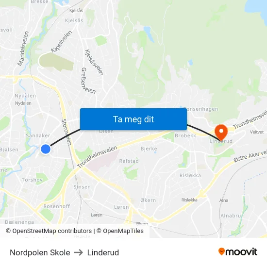 Nordpolen Skole to Linderud map