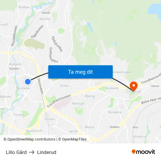 Lillo Gård to Linderud map