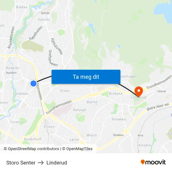 Storo Senter to Linderud map