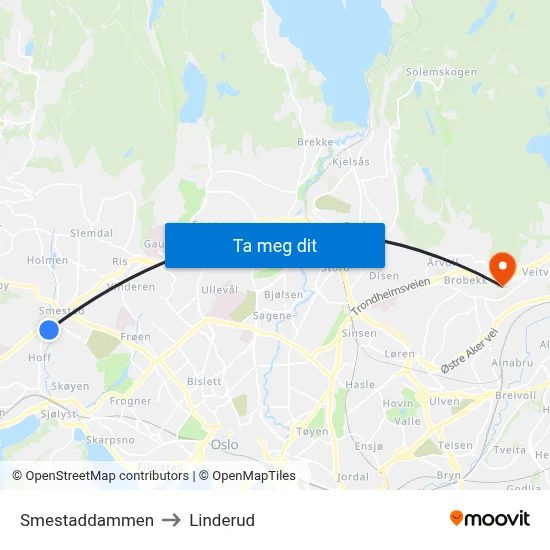 Smestaddammen to Linderud map