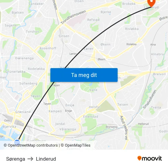 Sørenga to Linderud map