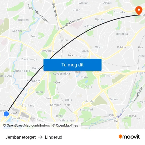 Jernbanetorget to Linderud map