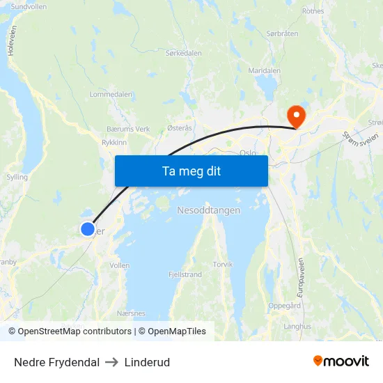 Nedre Frydendal to Linderud map