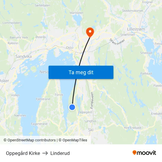 Oppegård Kirke to Linderud map