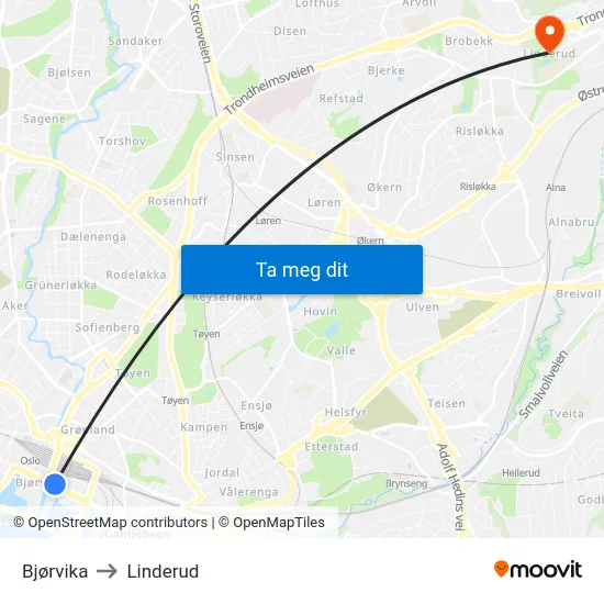 Bjørvika to Linderud map
