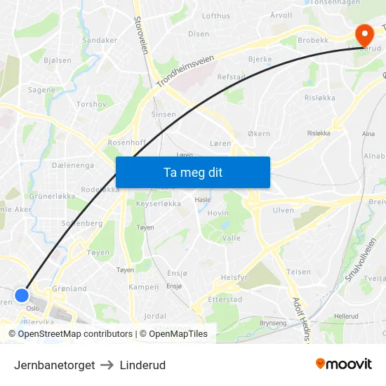 Jernbanetorget to Linderud map