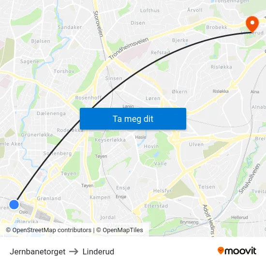 Jernbanetorget to Linderud map