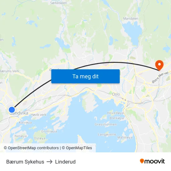 Bærum Sykehus to Linderud map