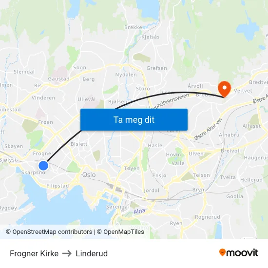 Frogner Kirke to Linderud map