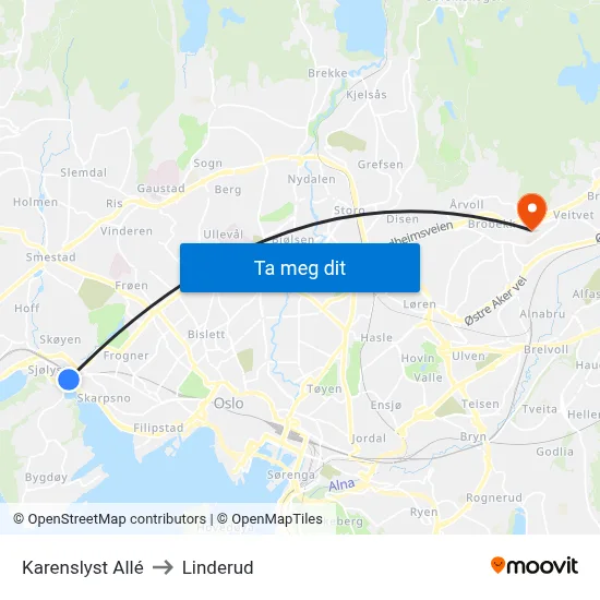 Karenslyst Allé to Linderud map
