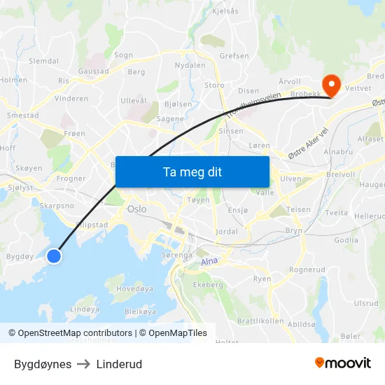 Bygdøynes to Linderud map