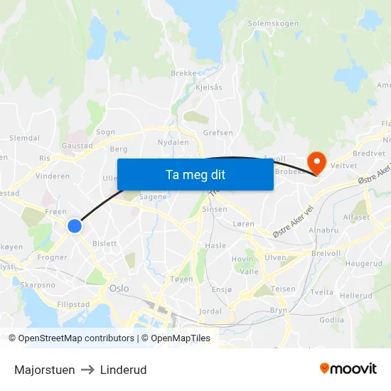 Majorstuen to Linderud map