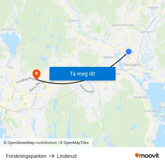 Forskningsparken to Linderud map