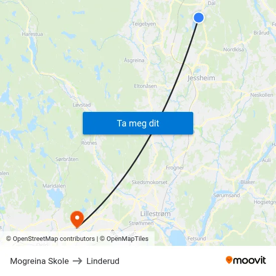 Mogreina Skole to Linderud map