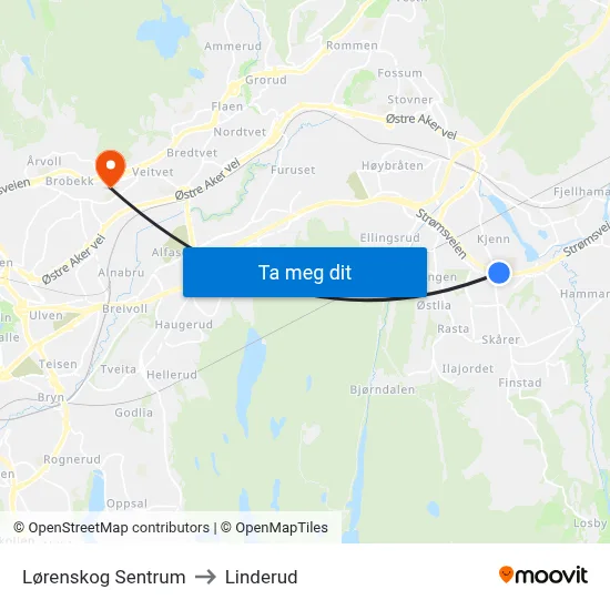 Lørenskog Sentrum to Linderud map