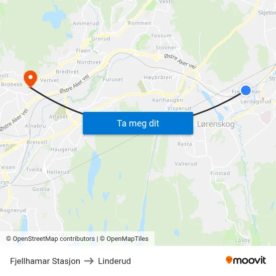 Fjellhamar Stasjon to Linderud map