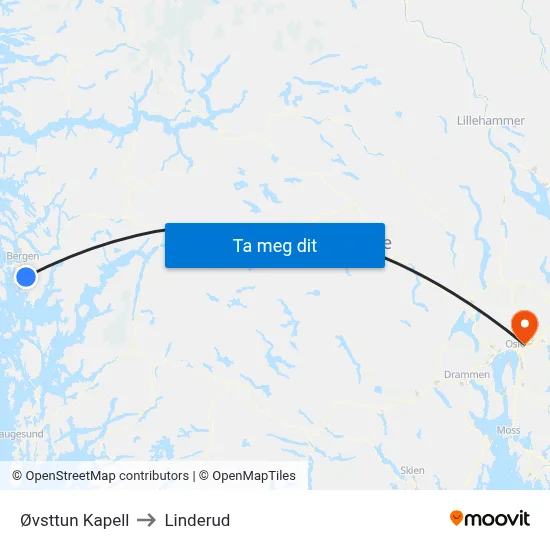 Øvsttun Kapell to Linderud map