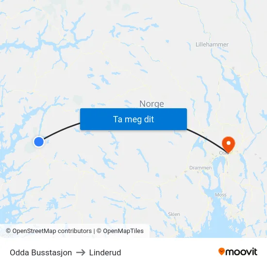Odda Busstasjon to Linderud map