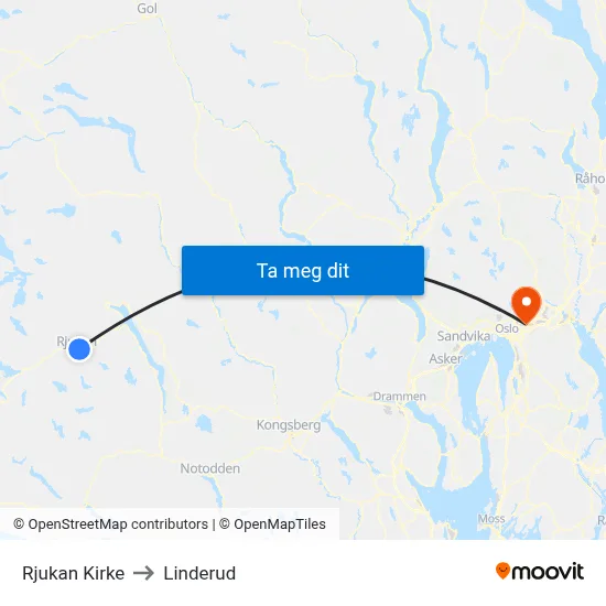Rjukan Kirke to Linderud map