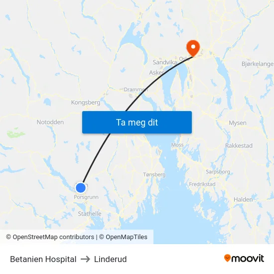 Betanien Hospital to Linderud map