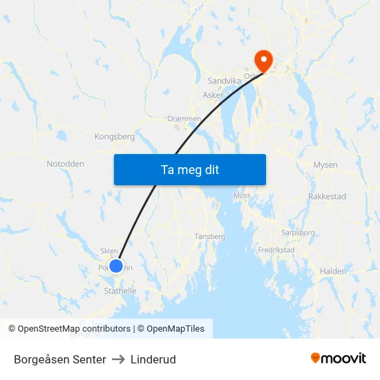 Borgeåsen Senter to Linderud map