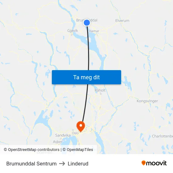 Brumunddal Sentrum to Linderud map