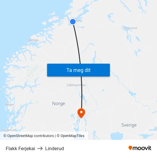 Flakk Ferjekai to Linderud map