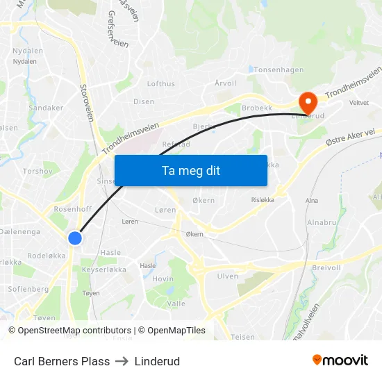 Carl Berners Plass to Linderud map