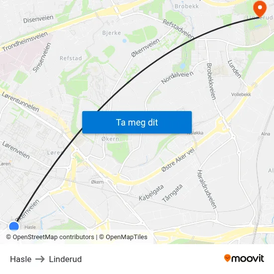 Hasle to Linderud map