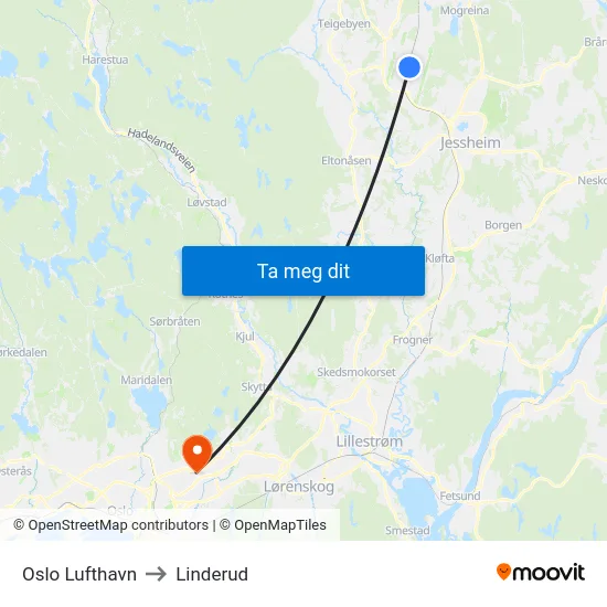 Oslo Lufthavn to Linderud map