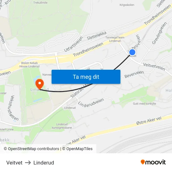 Veitvet to Linderud map