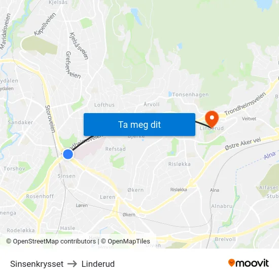 Sinsenkrysset to Linderud map