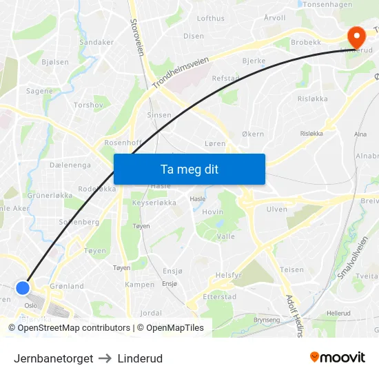 Jernbanetorget to Linderud map